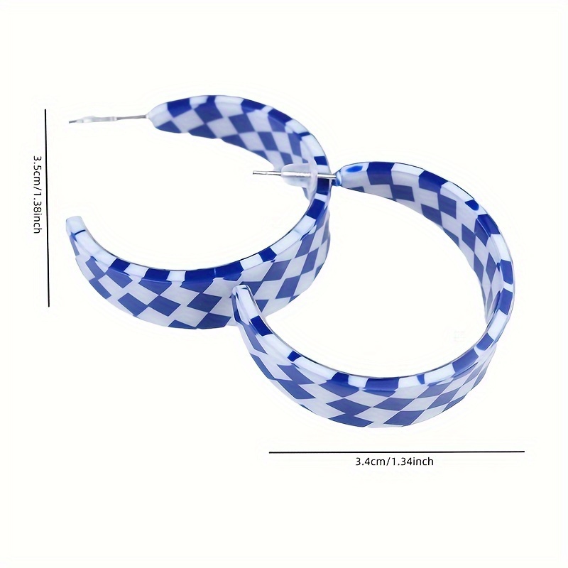 Vintage Boho Checkerboard C Hoop Earrings Stainless Steel Acrylic Posts
